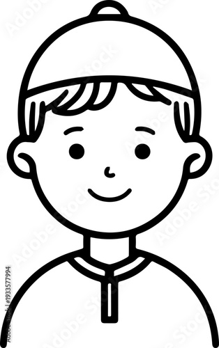 Smiling boy wearing traditional Muslim cap and kurta Black and white vector illustration
