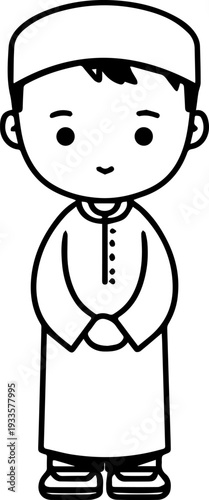 Smiling boy wearing traditional Muslim cap and kurta Black and white vector illustration
