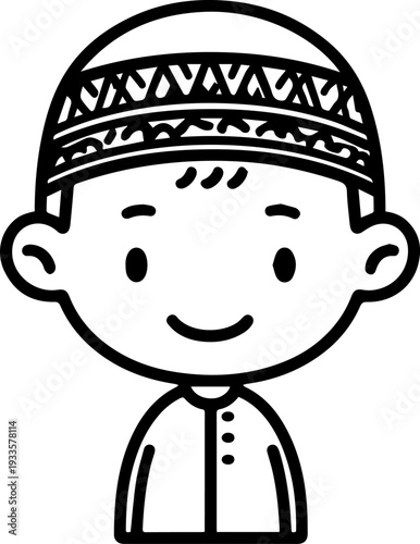 Smiling boy wearing traditional Muslim cap and kurta Black and white vector illustration
