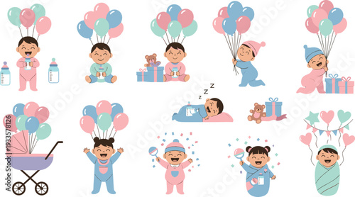Cute baby characters with balloons and gifts, happy infant celebration moments, baby shower and birthday concept, colorful flat cartoon vector illustration set