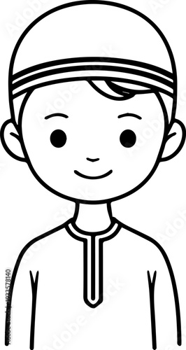 Smiling boy wearing traditional Muslim cap and kurta Black and white vector illustration
