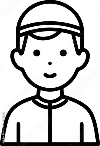Smiling boy wearing traditional Muslim cap and kurta Black and white vector illustration
