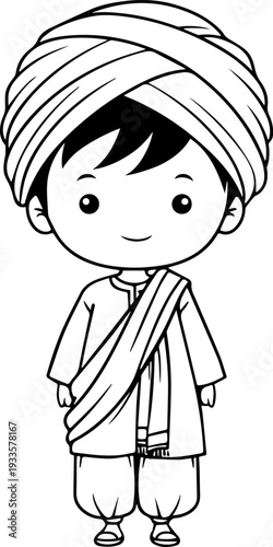 Smiling boy wearing traditional Muslim cap and kurta Black and white vector illustration
