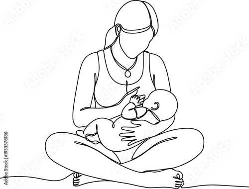 One line drawing of a mother sitting cross-legged and breastfeeding her newborn baby, symbol of motherhood, nurturing, and infant care.