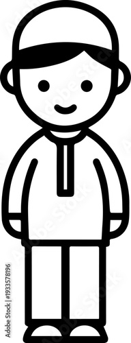Smiling boy wearing traditional Muslim cap and kurta Black and white vector illustration
