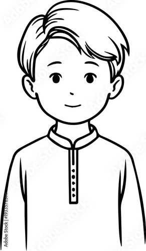 Smiling boy wearing traditional Muslim cap and kurta Black and white vector illustration
