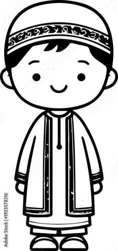 Smiling boy wearing traditional Muslim cap and kurta Black and white vector illustration
