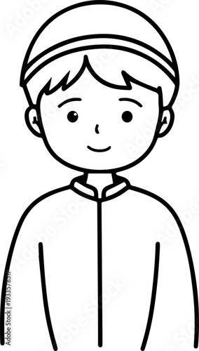Smiling boy wearing traditional Muslim cap and kurta Black and white vector illustration
