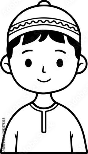 Smiling boy wearing traditional Muslim cap and kurta Black and white vector illustration
