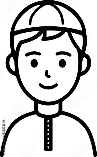 Smiling boy wearing traditional Muslim cap and kurta Black and white vector illustration
