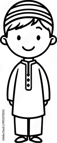 Smiling boy wearing traditional Muslim cap and kurta Black and white vector illustration
