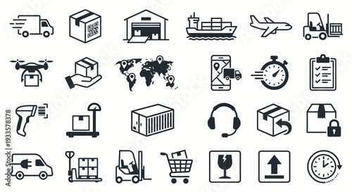 Set of 24 monochrome icons for smart logistics and global shipping. Delivery and supply chain collection. Vector illustration for e-commerce, transport, and distribution services.