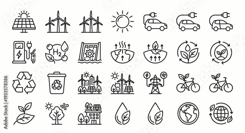 Set of 20 monochrome flat icons about clean energy and environmental sustainability. Eco-friendly technology collection. Vector illustration for green business and ecology concepts.