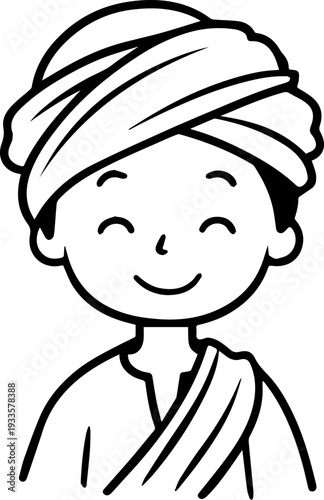 Smiling boy wearing traditional Muslim cap and kurta Black and white vector illustration
