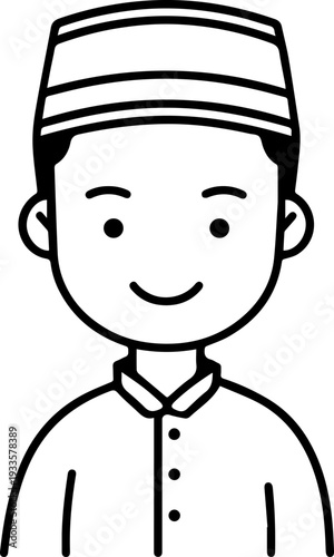Smiling boy wearing traditional Muslim cap and kurta Black and white vector illustration
