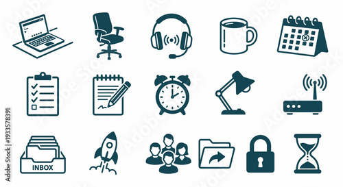 Set of 16 monochrome icons for remote work and productivity. Home office collection. Vector illustration for business, management, and hybrid work concepts. Strictly single color.