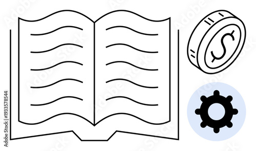 Education concept. Open book, coin with a dollar sign, and a cogwheel knowledge, financial understanding, and productivity. Education in personal finance and business strategies. Ideal
