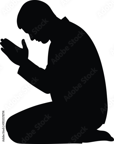 Silhouette of a man kneeling in prayer with folded hands in a humble pose of worship spirituality and religious devotion