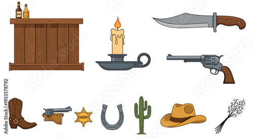 Ten flat-design illustrations of various Western-themed objects including a bar, candle, knife, revolvers, and a cowboy hat on a white background.