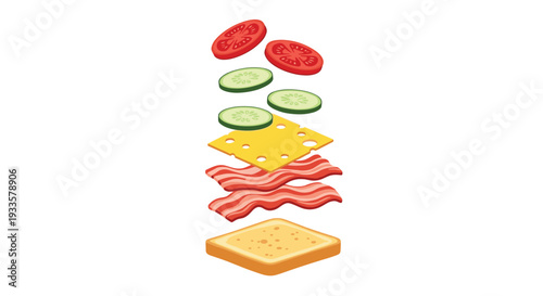 A colorful illustration showcases a deconstructed sandwich with various ingredients, including tomatoes, cucumbers, cheese, and bacon, floating above a piece of toast on a white background.