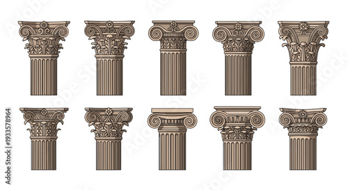 Ten detailed ancient Greek column capitals, showcasing various architectural orders like Corinthian and Ionic, are neatly arranged in two rows on a white background.