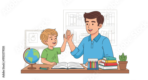 A smiling man and a young boy are seated at a wooden desk, sharing a high-five amidst an open book, a globe, and colorful school supplies, with bookshelves in the background.