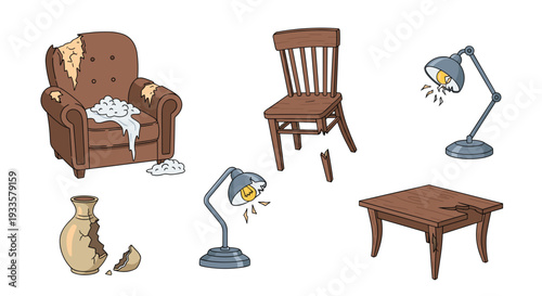 Six distinct items of broken furniture and household objects, including a torn armchair, a broken chair, damaged lamps, a splintered table, and a shattered vase, are displayed on a white background.
