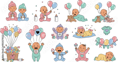 Cute baby characters with balloons, milk bottles and gifts, happy infant emotions and celebration scenes, baby shower concept, colorful flat cartoon vector illustration set