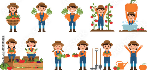 Cute boy farmer harvesting vegetables, happy child gardening and farming activities, organic agriculture and healthy food concept, colorful flat vector illustration set