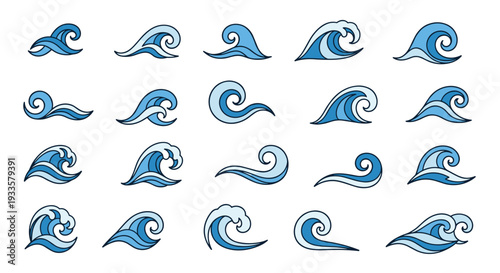 A diverse collection of twenty stylized ocean waves with dark blue outlines and light blue shading is neatly arranged in a grid on a white background.