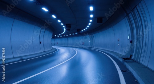 Tunnel interior with illuminated ceiling lights and curved road perspective