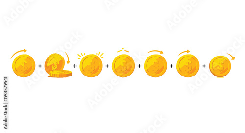 A horizontal sequence of seven shiny golden dollar coins, some with plus signs, illustrating accumulation and animation, is displayed on a bright white background.