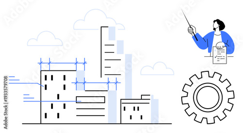 City skyline under construction with scaffolding, a person reviewing documents with a pointer, and a gear symbol. Ideal for architecture, engineering, planning, innovation, teamwork, development