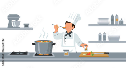 A professional male chef in a traditional white uniform and toque is carefully tasting a steaming pot of soup in a modern kitchen setting.