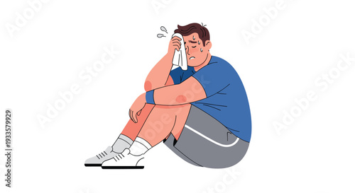 An athletic man in a blue t-shirt and grey shorts is sitting on the ground, wiping sweat from his forehead with a white towel after exercise.