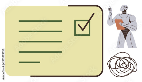 Artificial intelligence, data management, quality assurance, task delegation, problem solving, technology. Robot holding clipboard pointing to checklist next to a tangled line. AI and data management