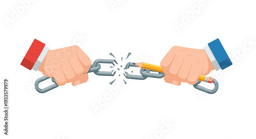 Two hands, one with a red cuff and one with a blue cuff, are actively breaking a metal chain with a yellow pencil integrated into a central link.