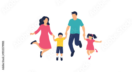 A happy family of four, including a mother, father, son, and daughter, is joyfully jumping and holding hands together against a clean white background.