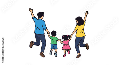 A cheerful family of four, including parents and two children, is running away from the viewer with raised arms and holding hands.