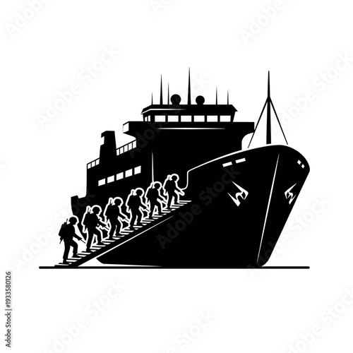 People boarding a large ship black and white illustration.