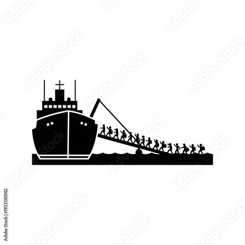 People boarding a ship symbolizing migration and travel.