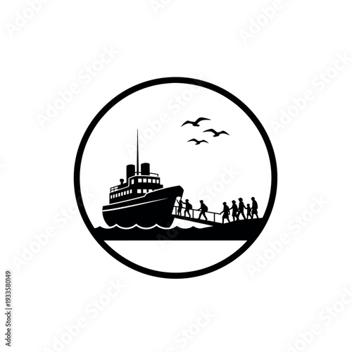 People boarding a ship in a circular frame.