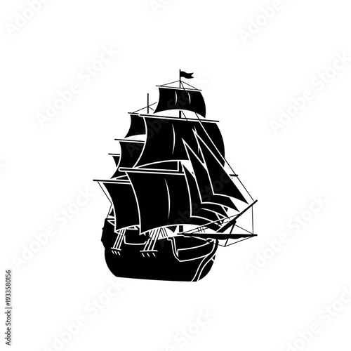 Sailing ship silhouette on white background.