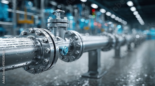 Modern industrial water treatment plant with metallic pipes, valves, and flanges, showcasing sustainable technology, stainless steel textures, blue and silver tones, and professional corporate design.