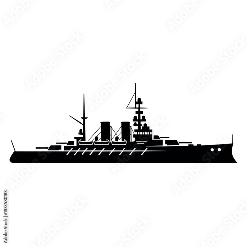 Silhouette of a large warship on a white background.
