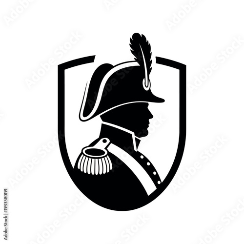 Silhouette of a military general in uniform with a feathered hat set within a shield emblem.