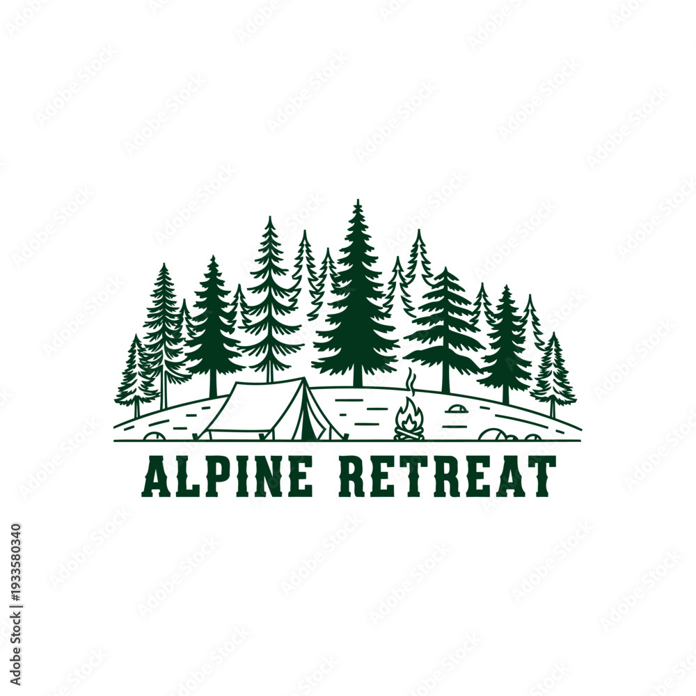 Fototapeta premium Alpine Retreat camping logo with tent, pine trees and campfire in forest landscape.
