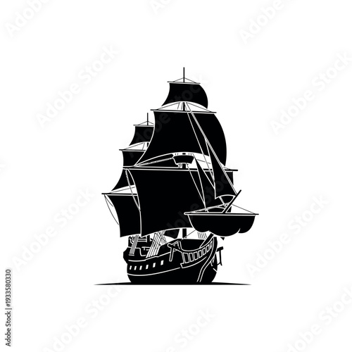 Vintage Sailing Ship Silhouette on White Background.