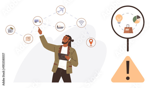 Digital connectivity, e-commerce, data analysis, technology integration, innovation, online business. Man interacts with network icons. Digital connectivity and e-commerce concept