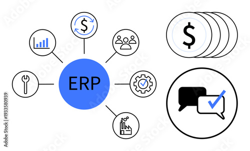 Central ERP hub connects icons for finance, tools, analytics, people, production, communication, quality. Ideal for business, management efficiency process strategy finance simple flat metaphor